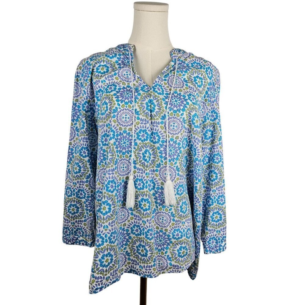 Fresh Produce XL Tunic Top Mosaic Shells Corine Blue Green Cotton Tie Neck